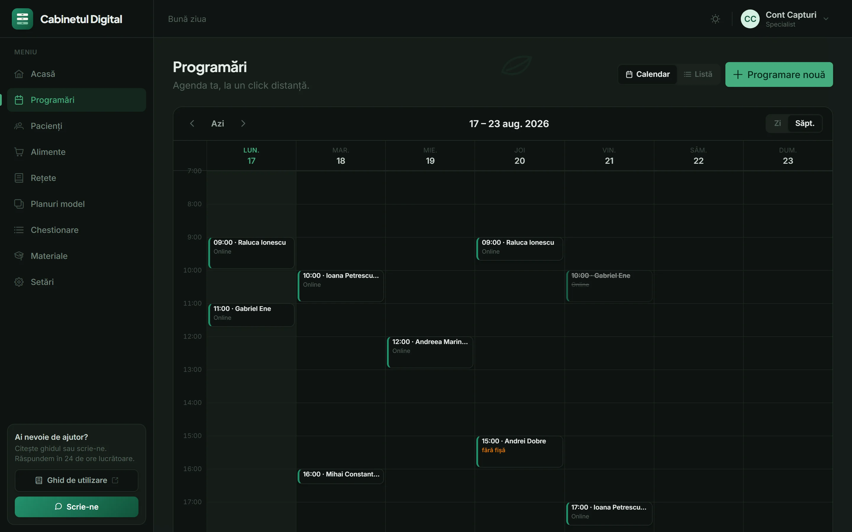 Agenda pe zile, cu programările din calendar.
