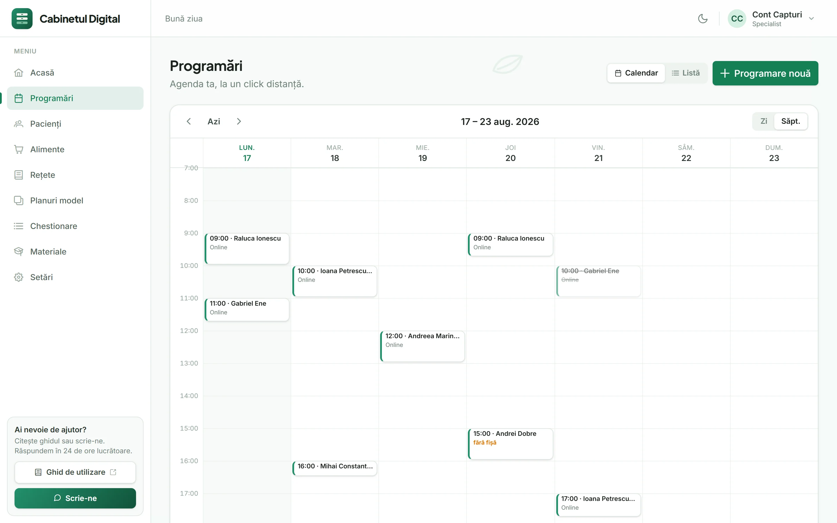 Agenda pe zile, cu programările din calendar.