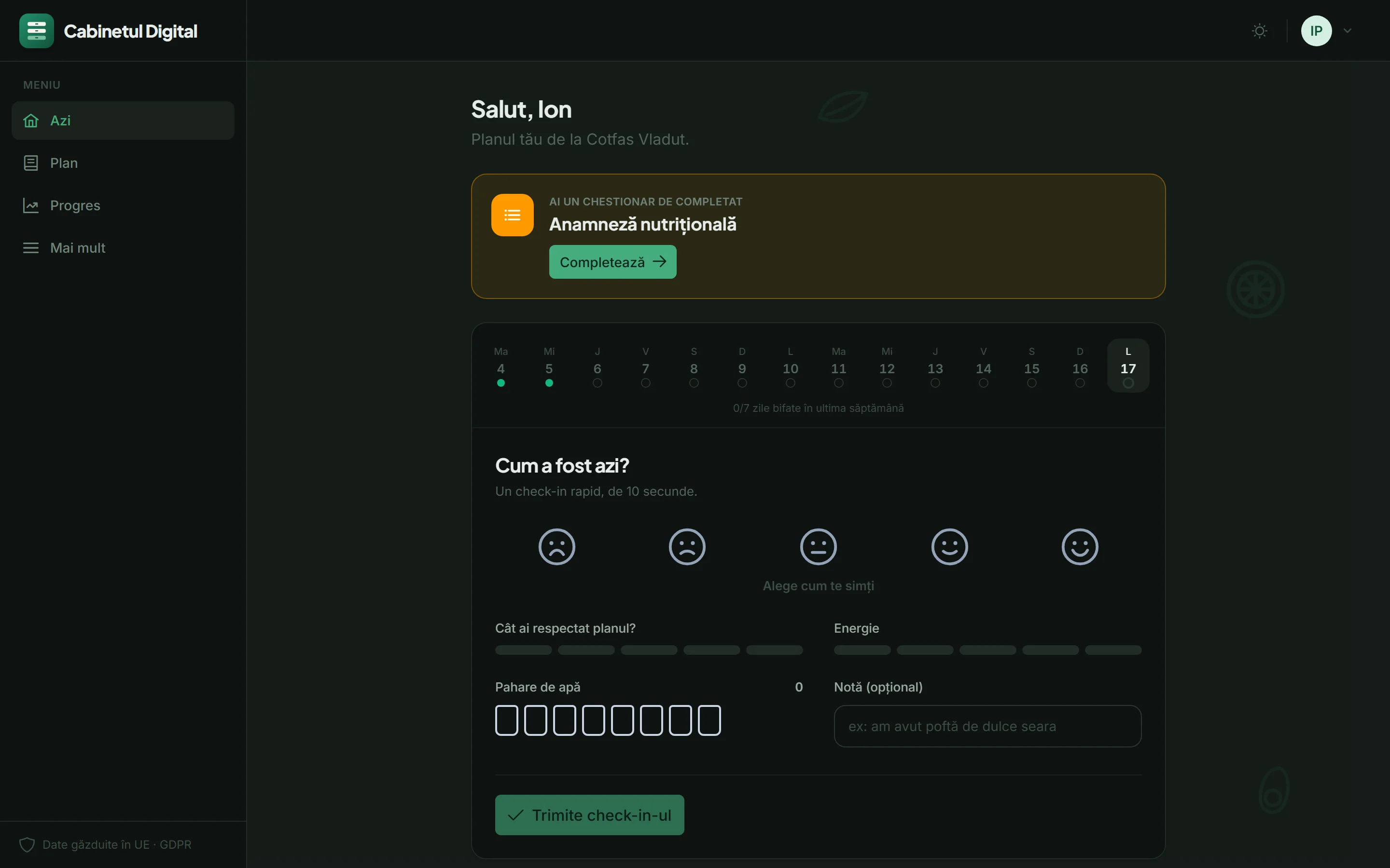 Portalul, secțiunea Azi, aici cu caloriile pornite. Implicit sunt ascunse, vezi mai jos.